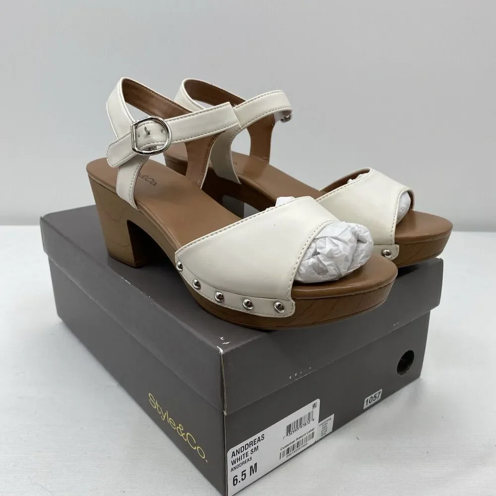 Style & Co. Womens Anddreas Faux Leather Heel Sandals White 6.5 Medium (B,M)